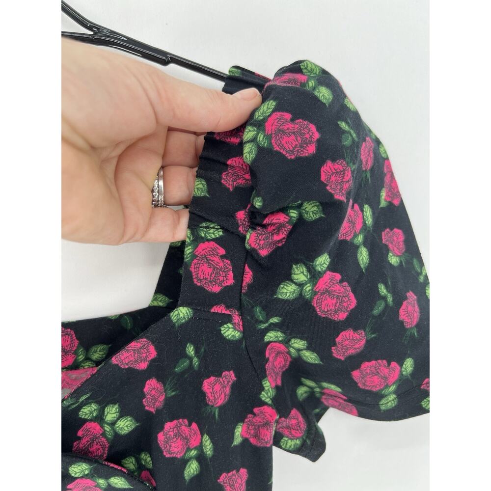 Betsy Johnson Rose Print Bodycon Dress Small Black Pink Floral Puff Sleeve Midi - Picture 6 of 13